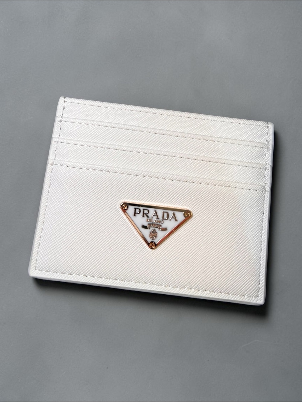 Prada Cream Saffiano Leather Card Holder with Gold Triangle Logo